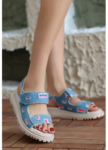 Foin Mavi Kot Cırt Cırtlı Sandalet