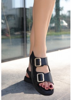 Waria Siyah Cilt Çift Tokalı Sandalet