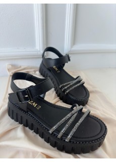 Riboo Siyah Cilt Boncuk İşlemeli Sandalet