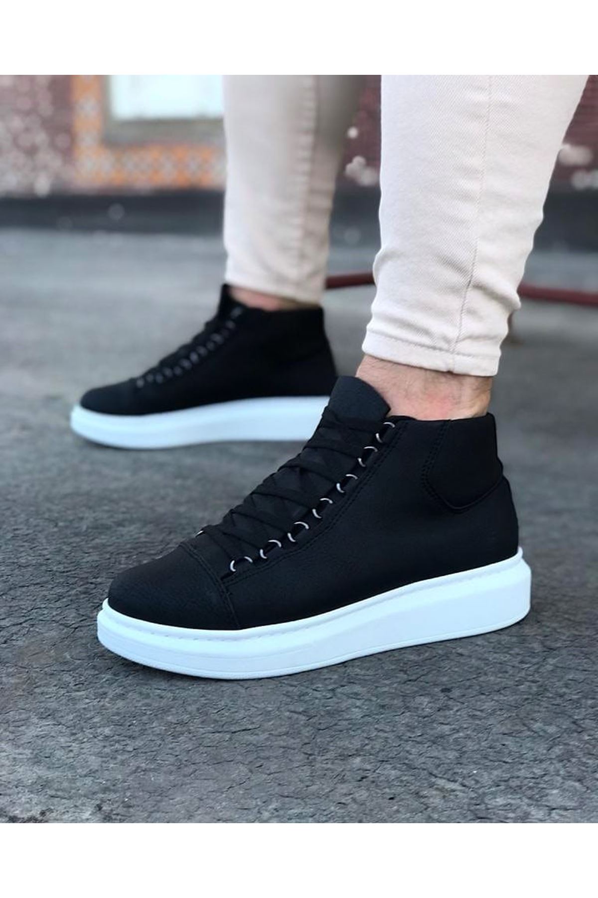 WG032 Siyah Bağcıklı Sneakers Yarım Bilek Bot