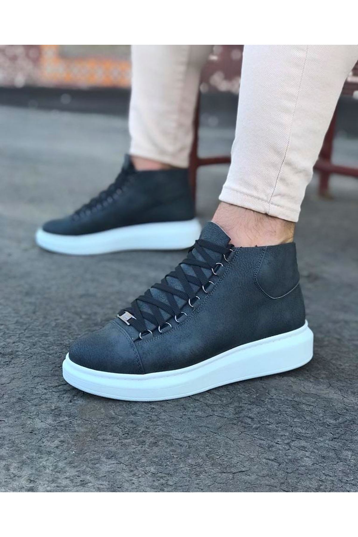 WG032 Gri Bağcıklı Sneakers Yarım Bilek Bot