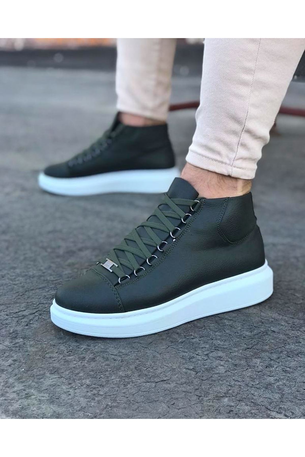 WG032 Haki Bağcıklı Sneakers Yarım Bilek Bot